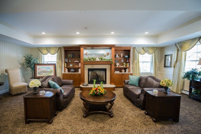 A cozy and elegantly furnished living room with a fireplace, leather sofas, and decorative shelves.