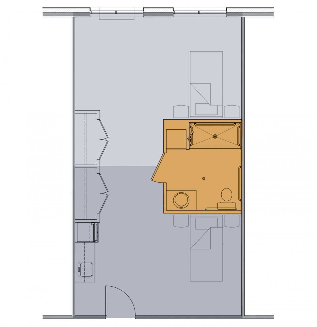 A floor plan showing the layout of a room with various sections, including designated areas for furniture and fixtures.