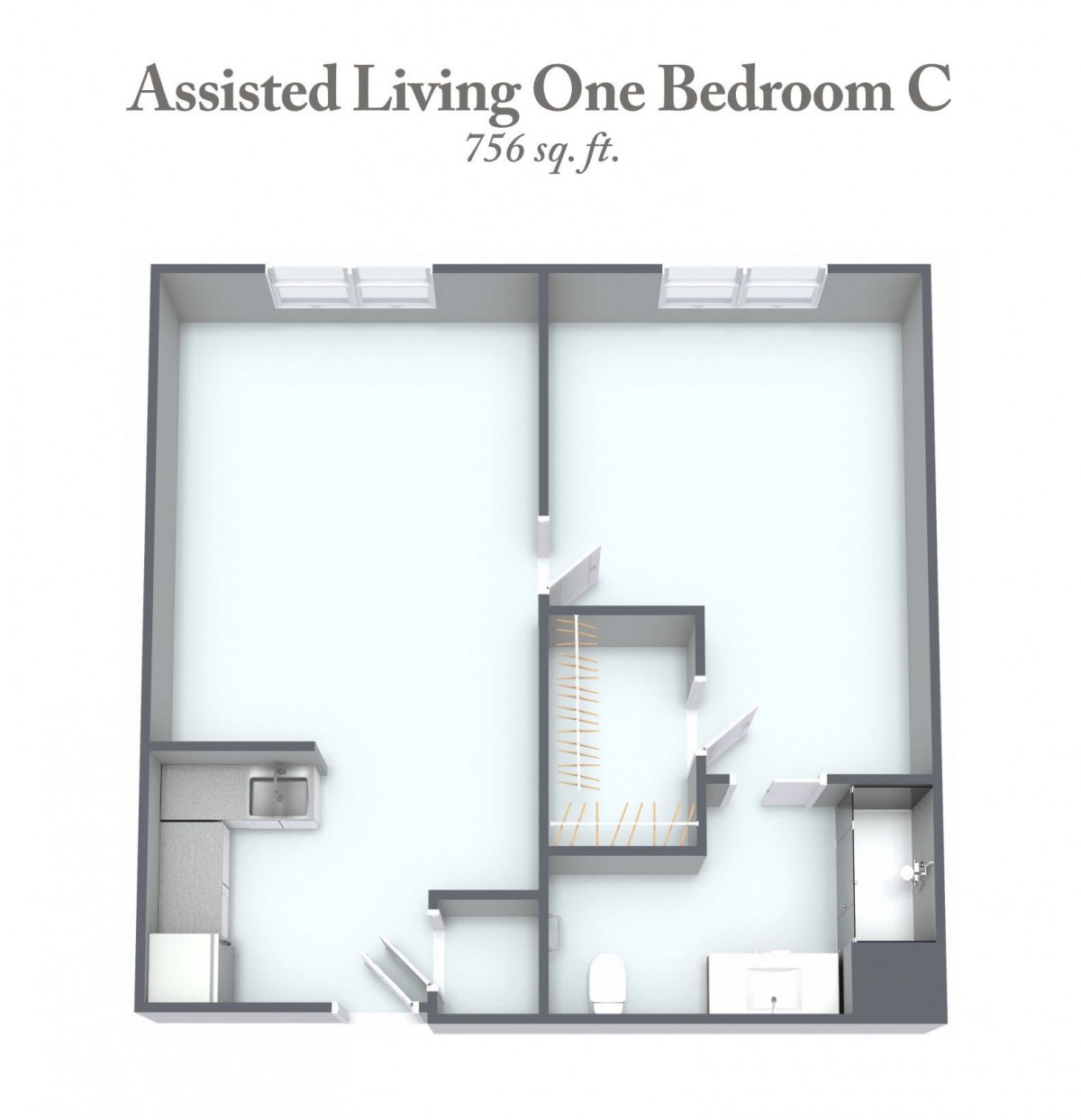 Floor plan of Assisted Living One Bedroom C.