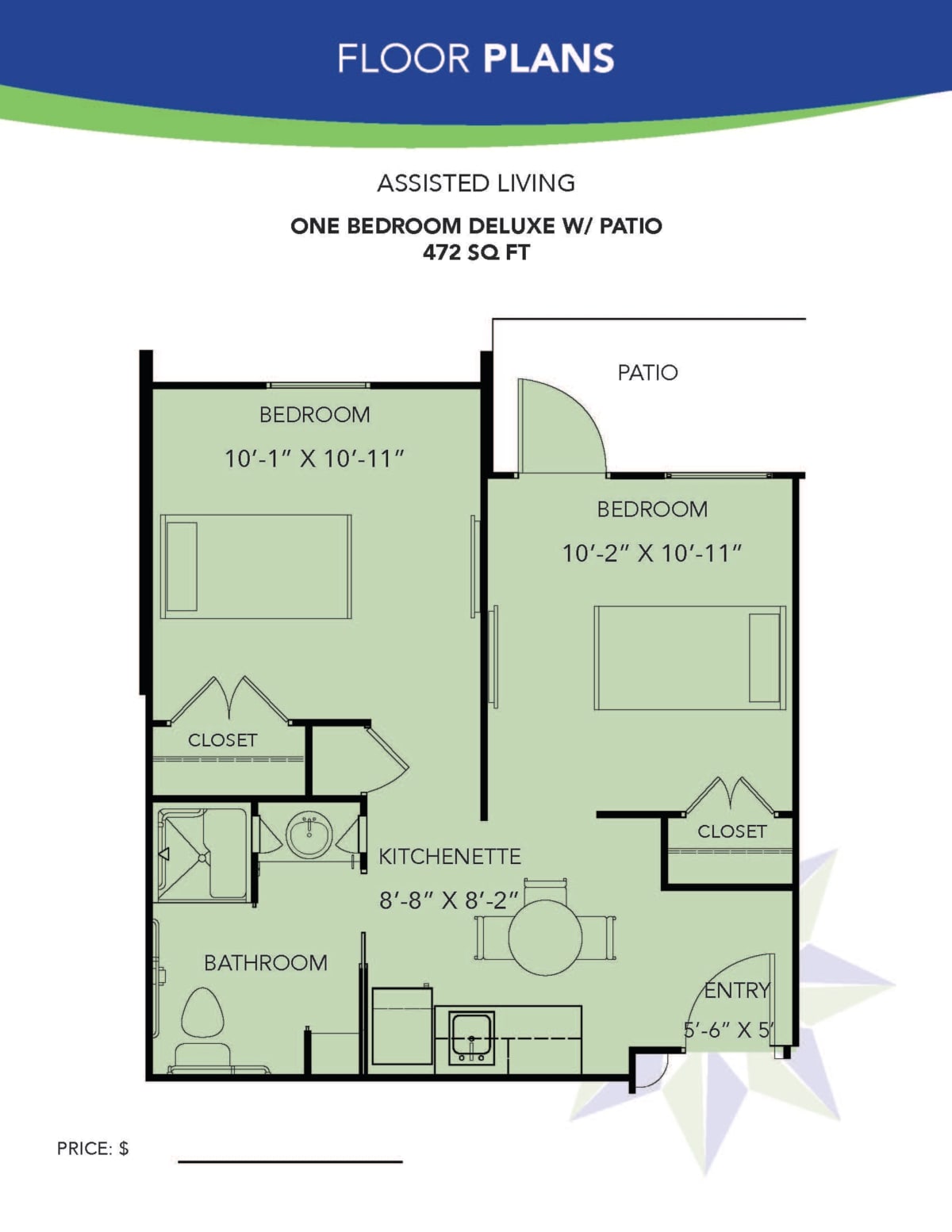 One-bedroom deluxe apartment floor plan for assisted living.