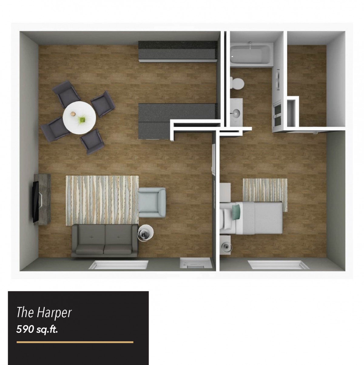 A 599 sq.ft. one-bedroom apartment floor plan featuring a living area, kitchen, dining space, and bathroom.