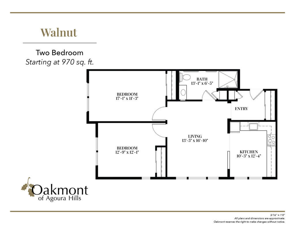 Two-bedroom apartment floor plan with an area of 870 sq. ft.