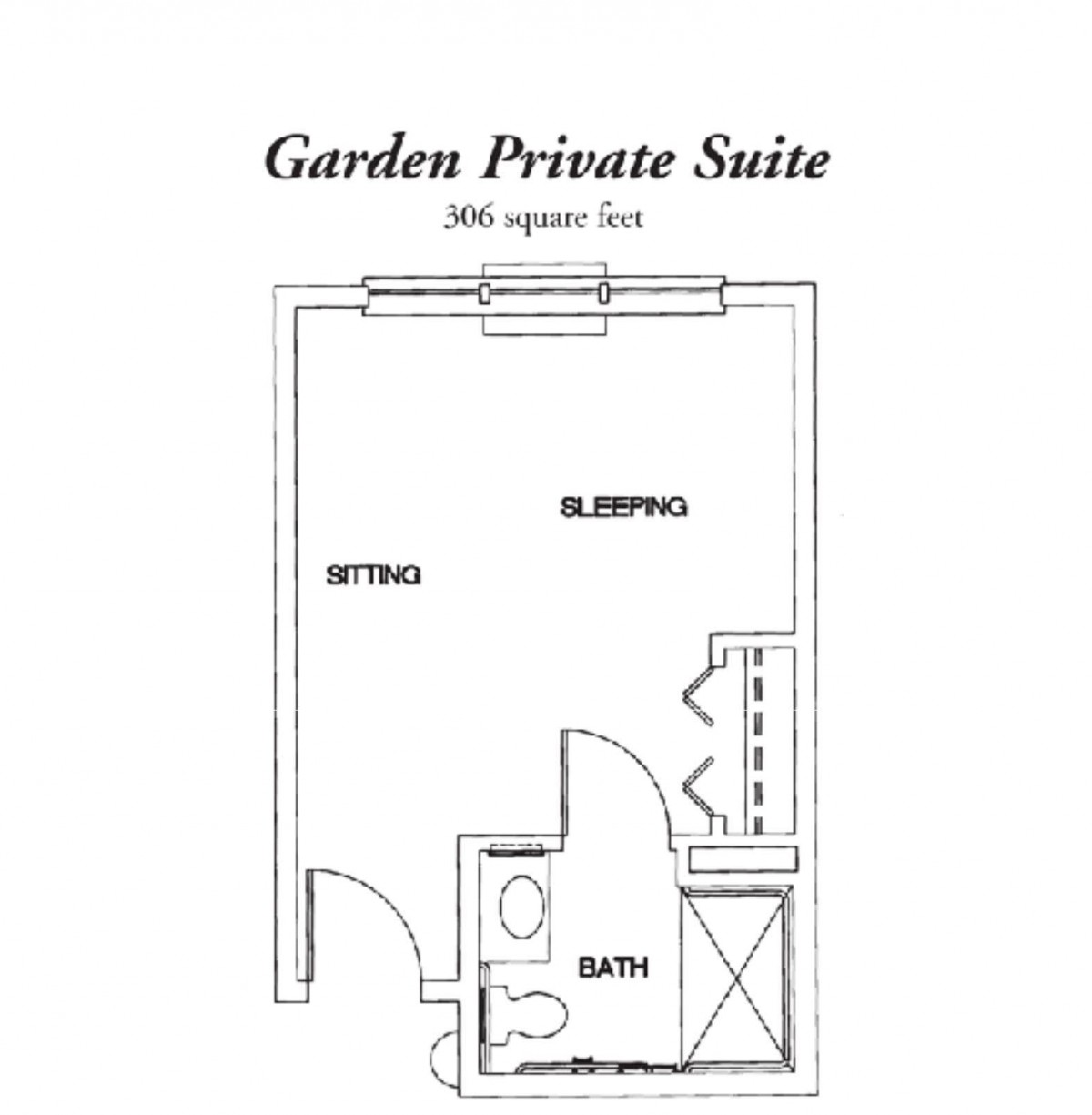 Floor plan of a Garden Private Suite measuring 300 square feet, featuring a sleeping area, sitting area, and bathroom.
