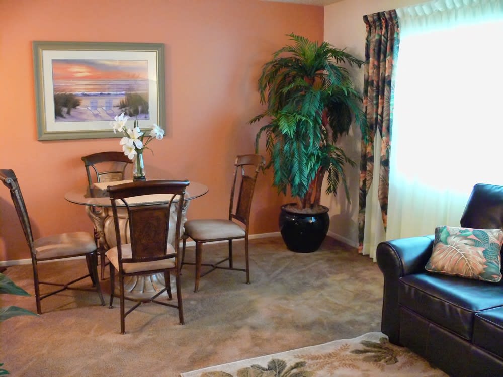 A cozy living and dining area featuring a round glass table with chairs, a potted plant, and wall art.