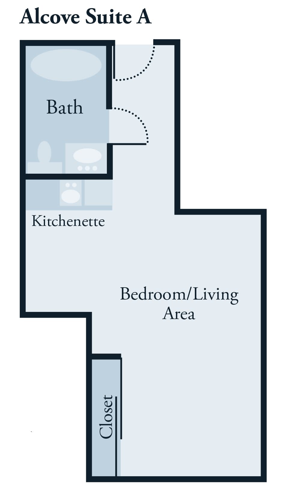 A floor plan of a studio apartment featuring a kitchenette, bath, and combined bedroom/living area.