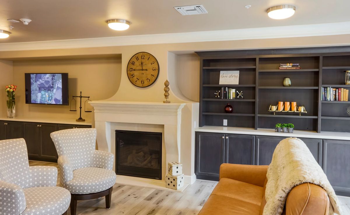 A cozy living room with a fireplace and shelves, decorated with modern furniture.