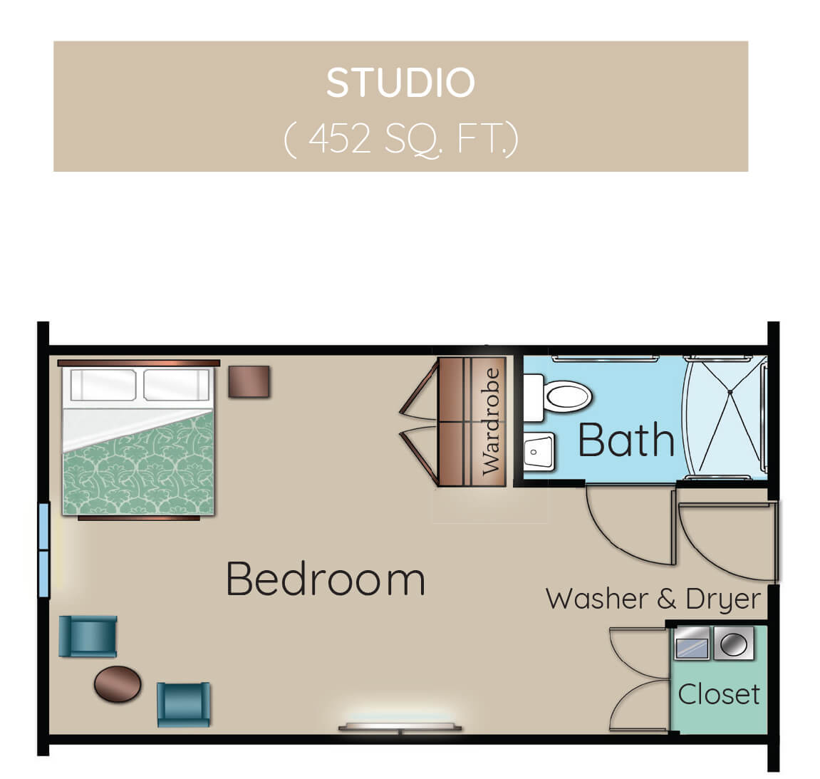 Studio apartment floor plan with bedroom, bathroom, washer and dryer, and closet.