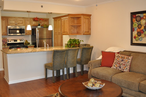 A cozy open-concept living space featuring a stylish kitchen and inviting seating area.