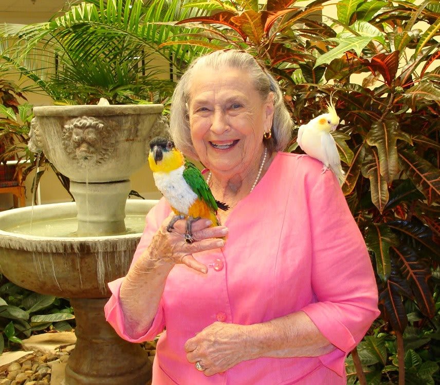 An elderly woman interacting with parrots near a fountain and plants.