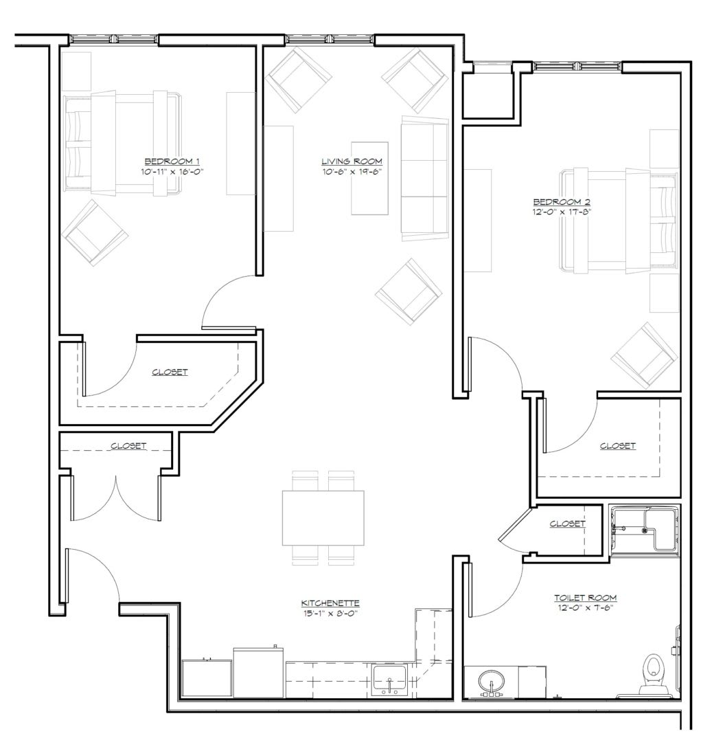A detailed floor plan of an apartment showing the layout of rooms and furniture placement.