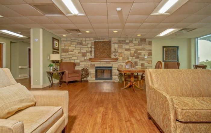 Cozy living room with a stone fireplace and wooden flooring.