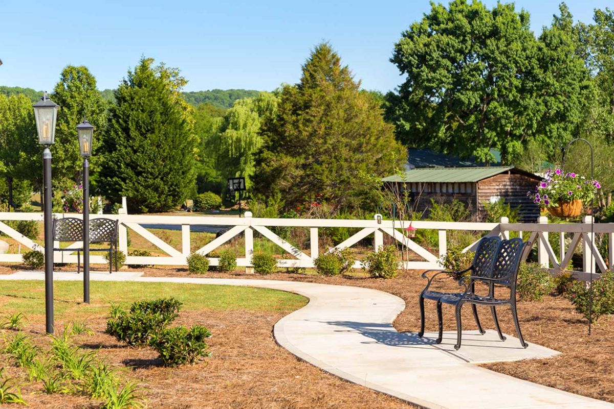 A serene garden area with a bench, winding pathway, and wooden fence surrounded by lush greenery.