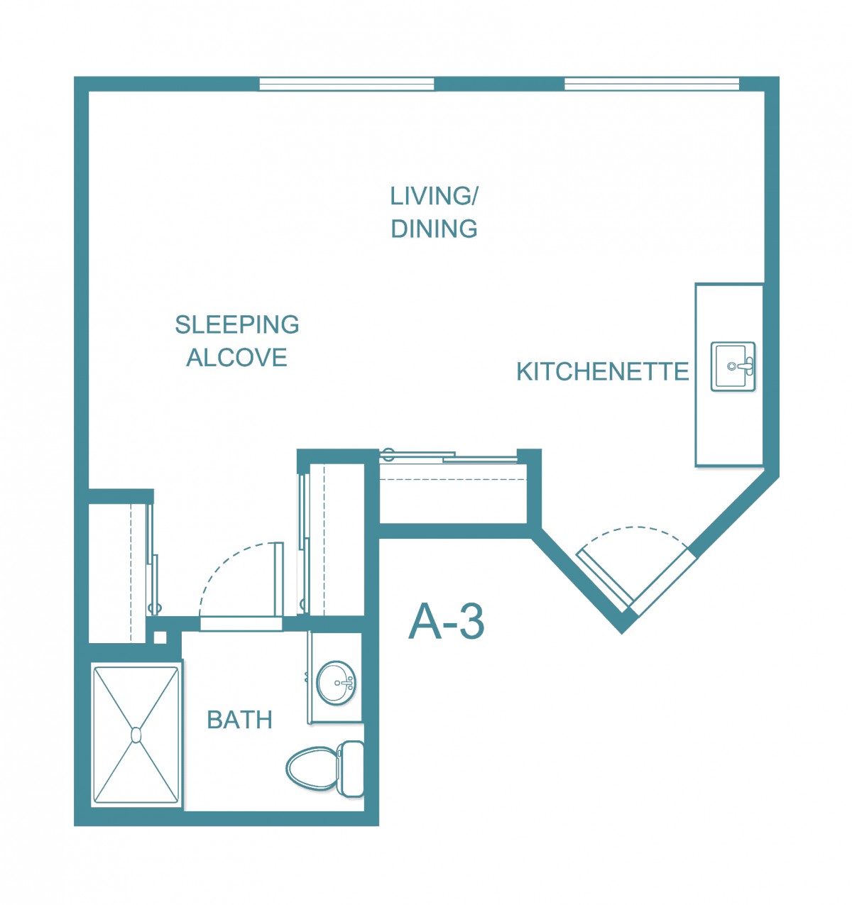 A floor plan for a studio apartment with a kitchenette, living and dining area, sleeping alcove, and bath.