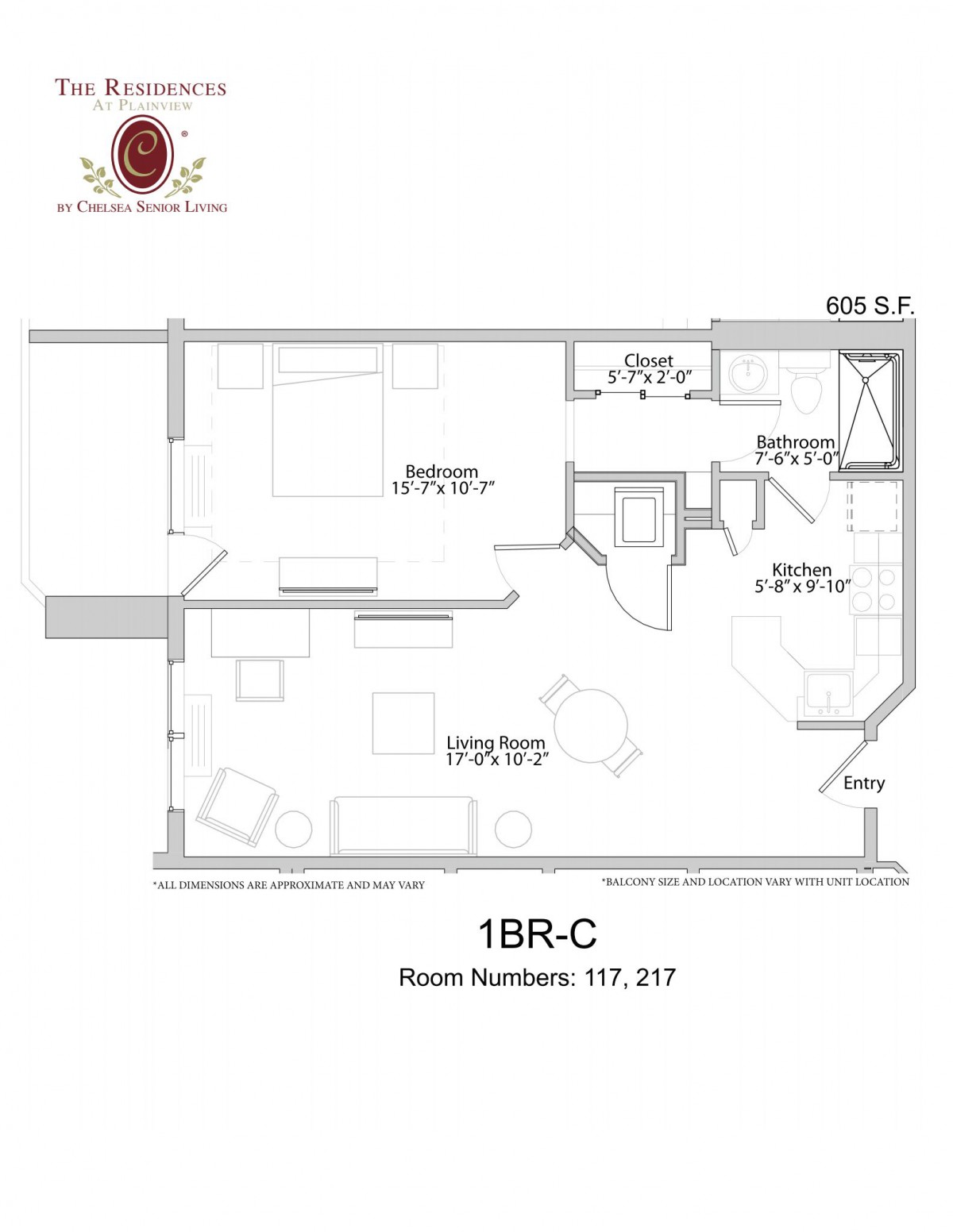 Floor plan of a one-bedroom apartment, labeled as '1BR-C', showing the layout with a living room, kitchen, bedroom, and bathroom.