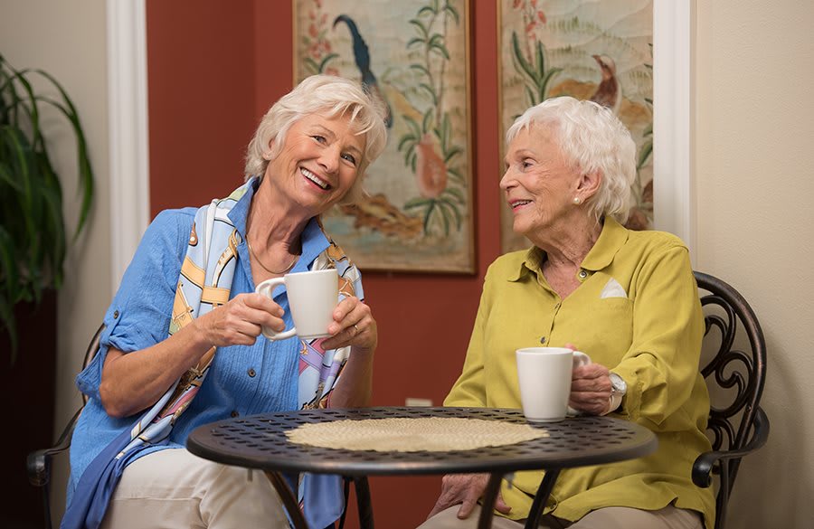 Two elderly women enjoy a conversation over tea in a cozy setting.