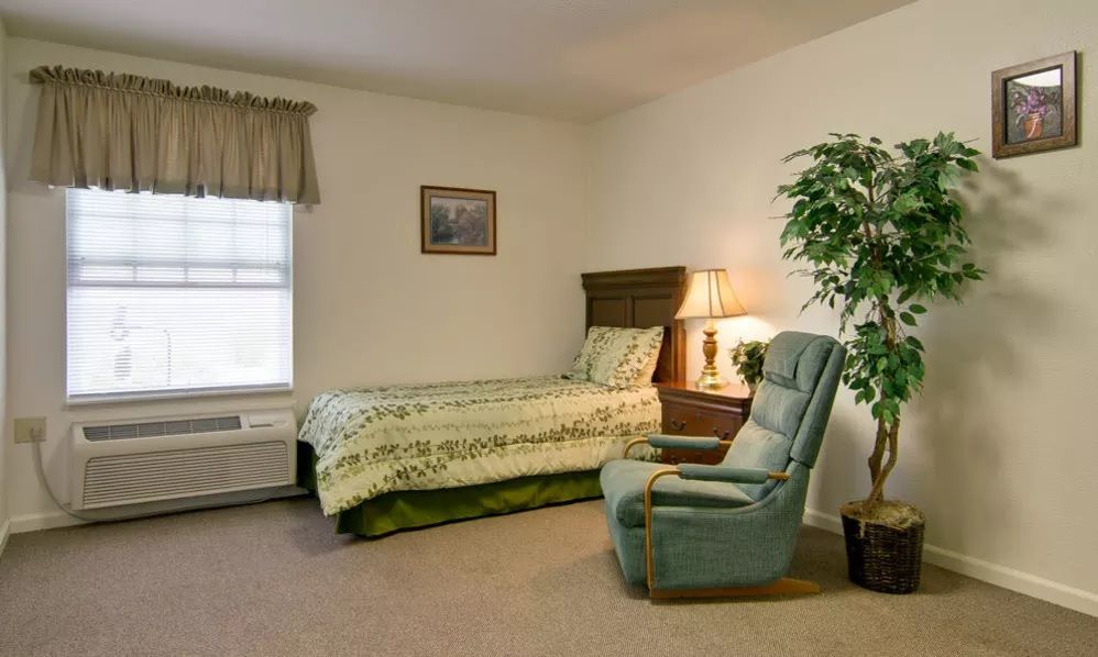 A cozy bedroom with a single bed, upholstered chair, and a potted plant near the window.
