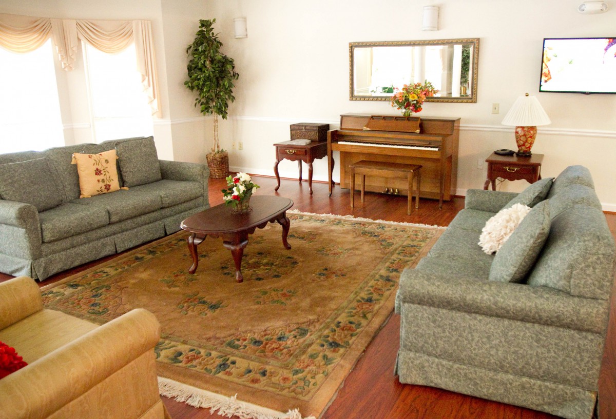 A cozy living room with sofas, a piano, and a coffee table, adorned with a large rug and decorative plants.