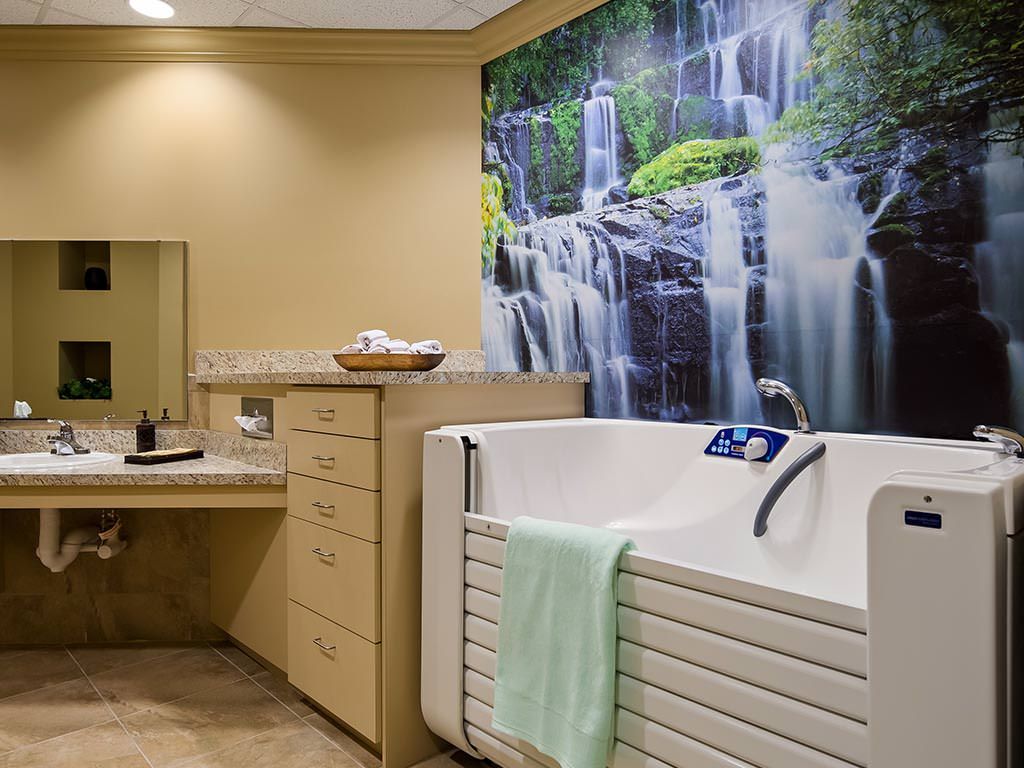 A modern bathroom featuring a walk-in bathtub and a large waterfall mural on the wall.