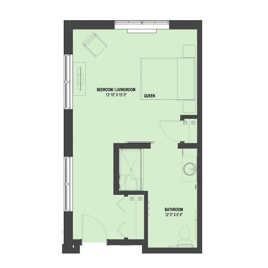 A floor plan depicting the layout of an apartment, including areas designated for dining, living, and kitchen spaces.