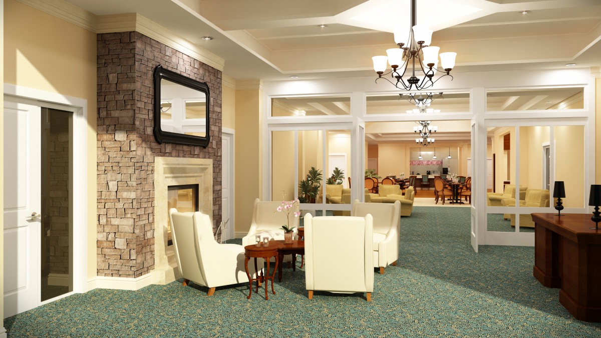 A luxurious lobby with elegant seating and a fireplace.