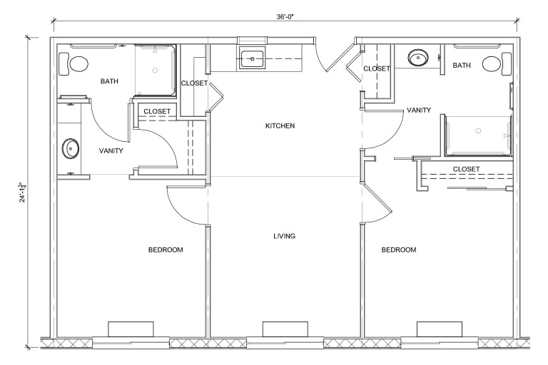 A detailed floor plan of a two-bedroom apartment including kitchen, dining area, and bathroom.
