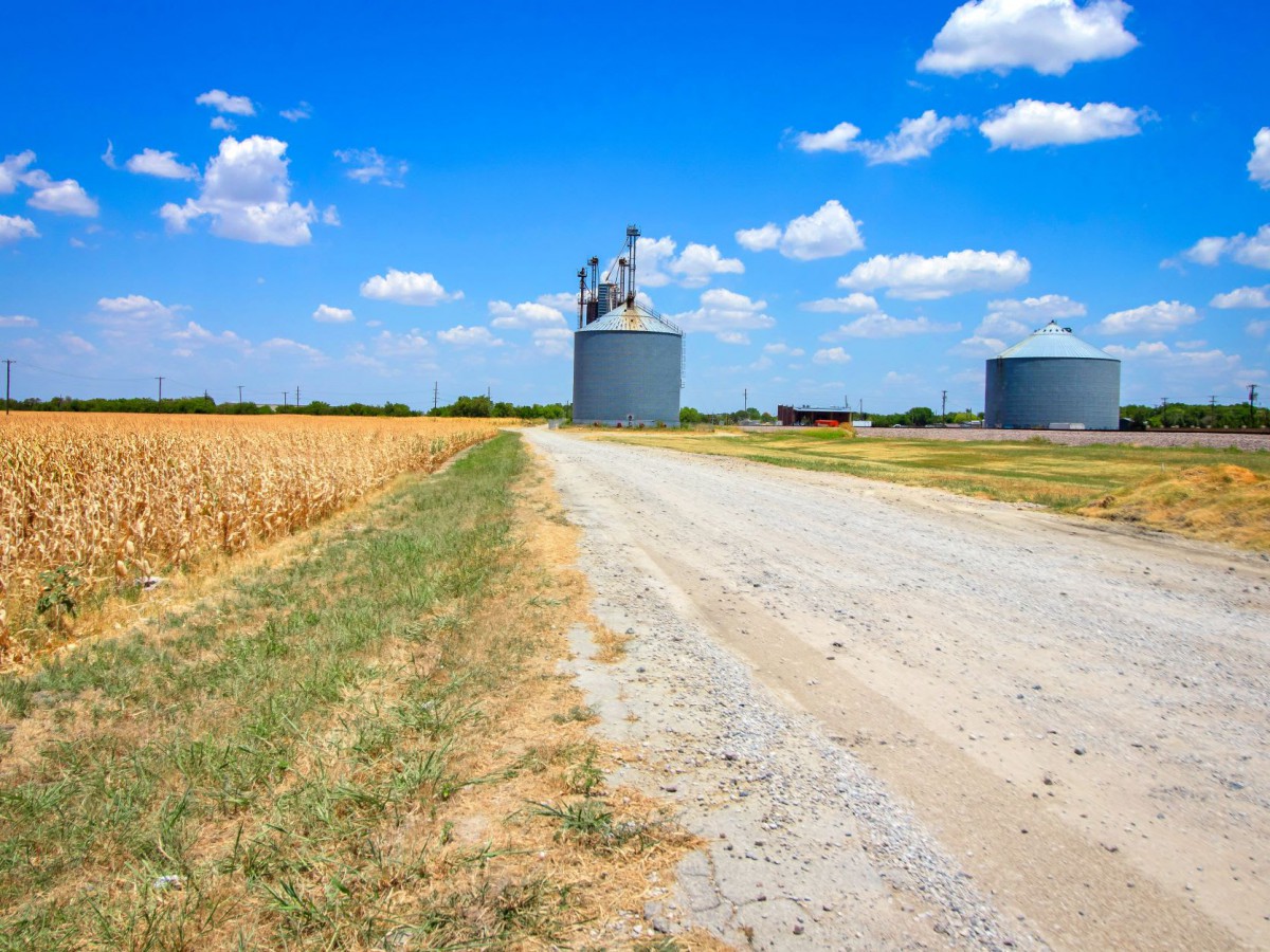 A rural landscape featuring a dirt road leading to grain silos, bordered by a golden wheat field under a bright blue sky with scattered clouds.