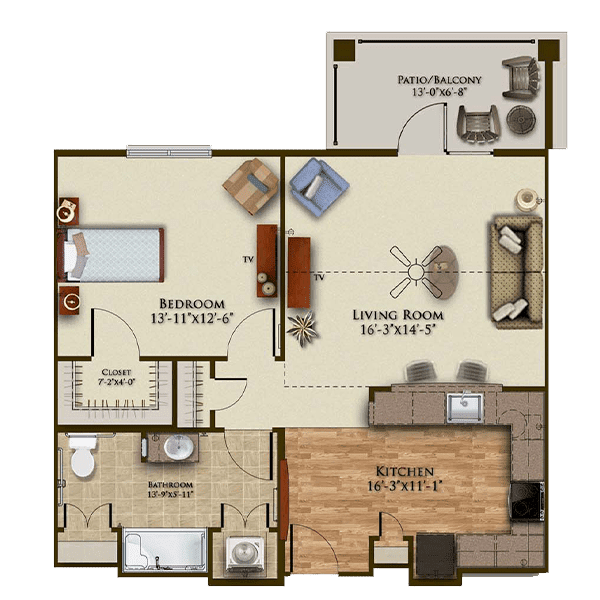 A floor plan of a one-bedroom apartment, featuring a living room, kitchen, bathroom, and balcony.