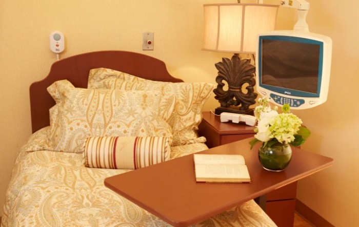 A cozy bedroom setting with a bed, decorative pillows, and a bedside table featuring a lamp, flowers, and a television.