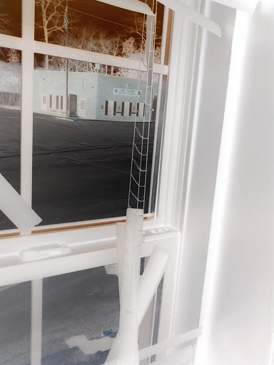 A view of the exterior through a window, presented in negative.
