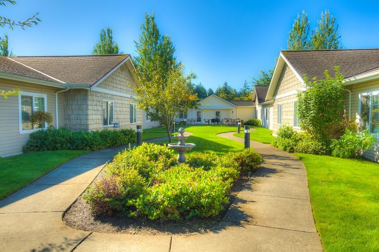 A picturesque view of a residential area with well-maintained pathways and lush greenery.