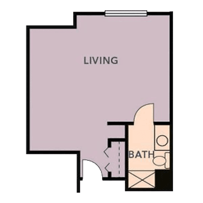 A floor plan depicting a studio apartment with a living area and a bathroom.