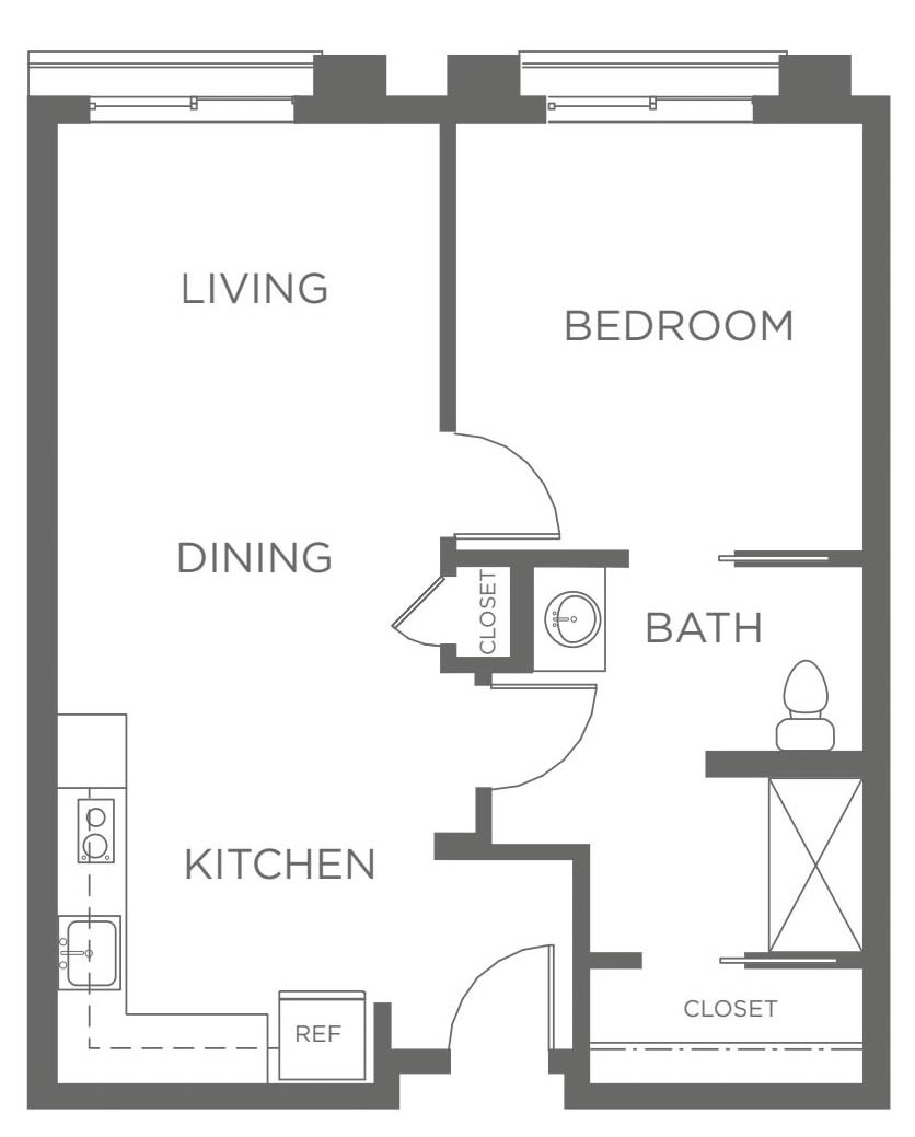 A simple one-bedroom apartment floor plan with designated areas for the living room, dining area, kitchen, bathroom, and closet.
