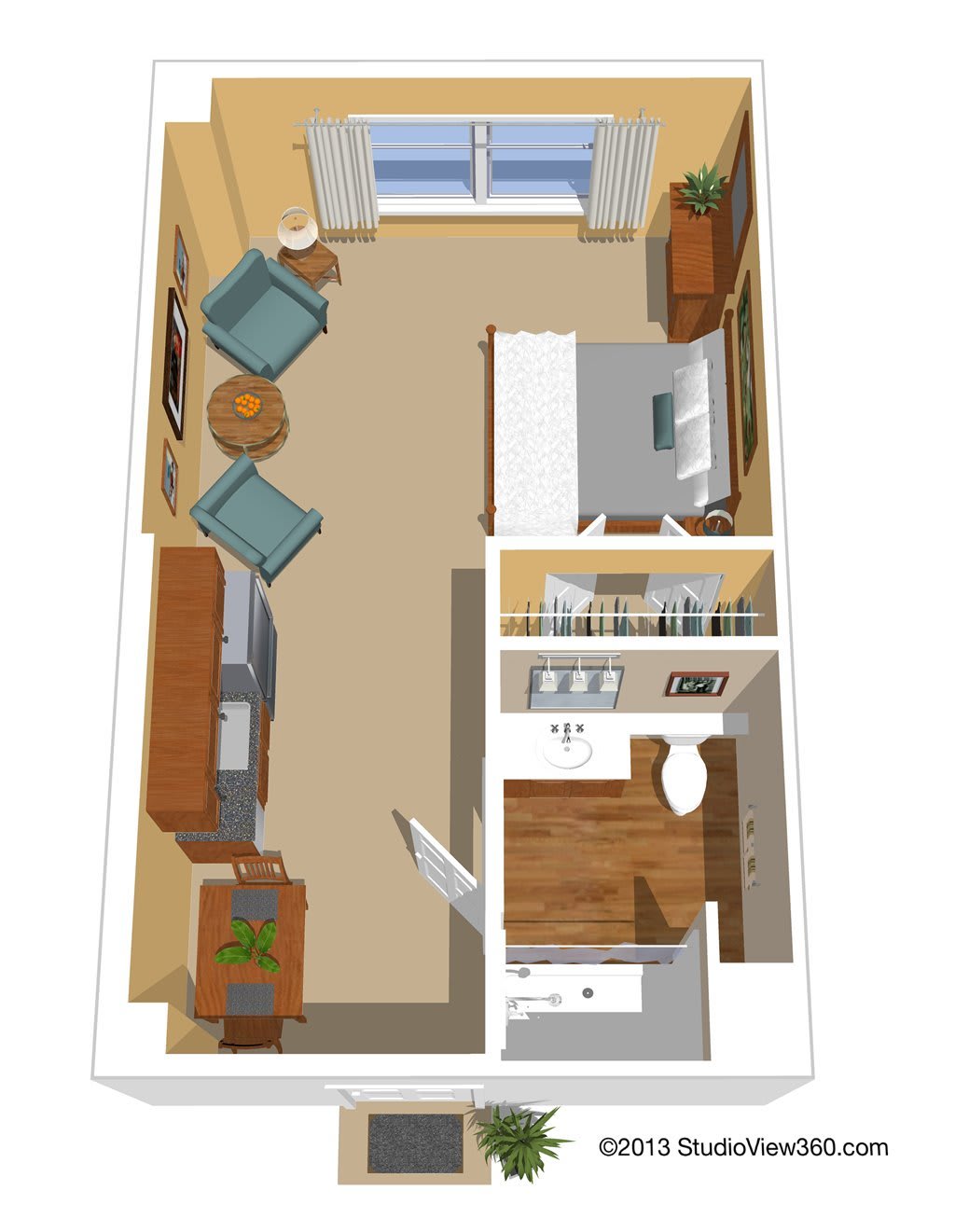 3D floor plan of a studio apartment showcasing a compact and efficient layout with living, sleeping, and bathroom areas.