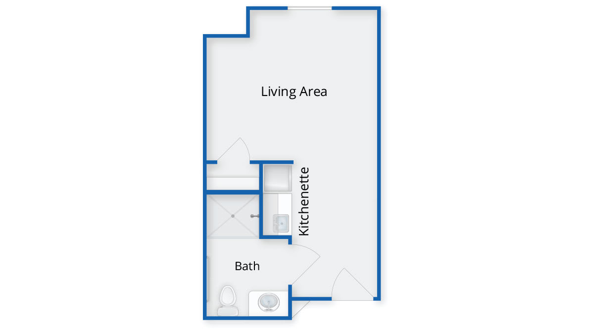Studio apartment floor plan with living area, kitchenette, and bathroom.