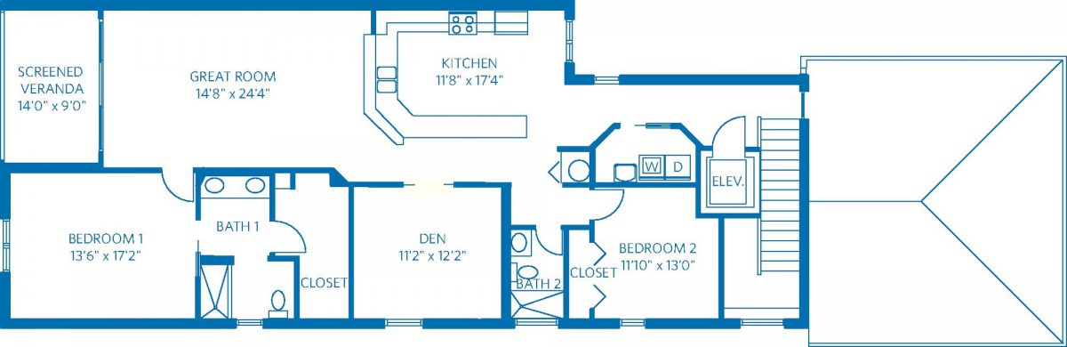A floor plan depicting a residential layout with a kitchen, den, bedroom, and bathroom.