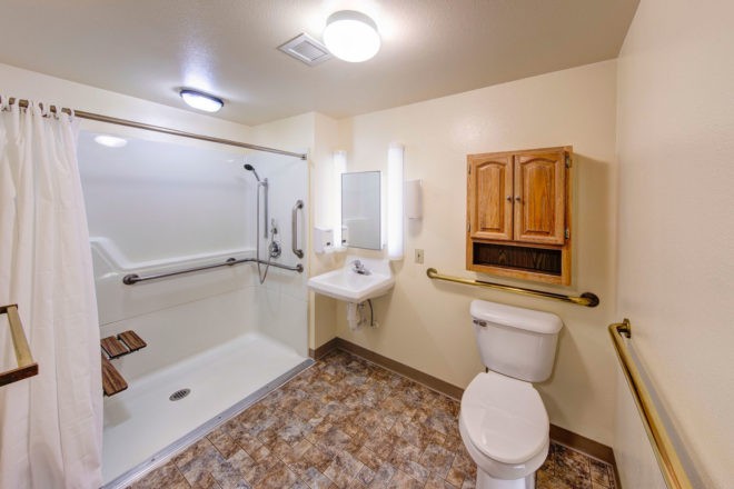 An accessible bathroom with a shower, grab bars, toilet, sink, and wooden cabinet.