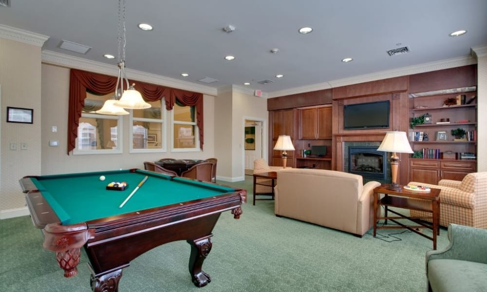 A cozy living room with a billiards table and comfortable seating for relaxation.