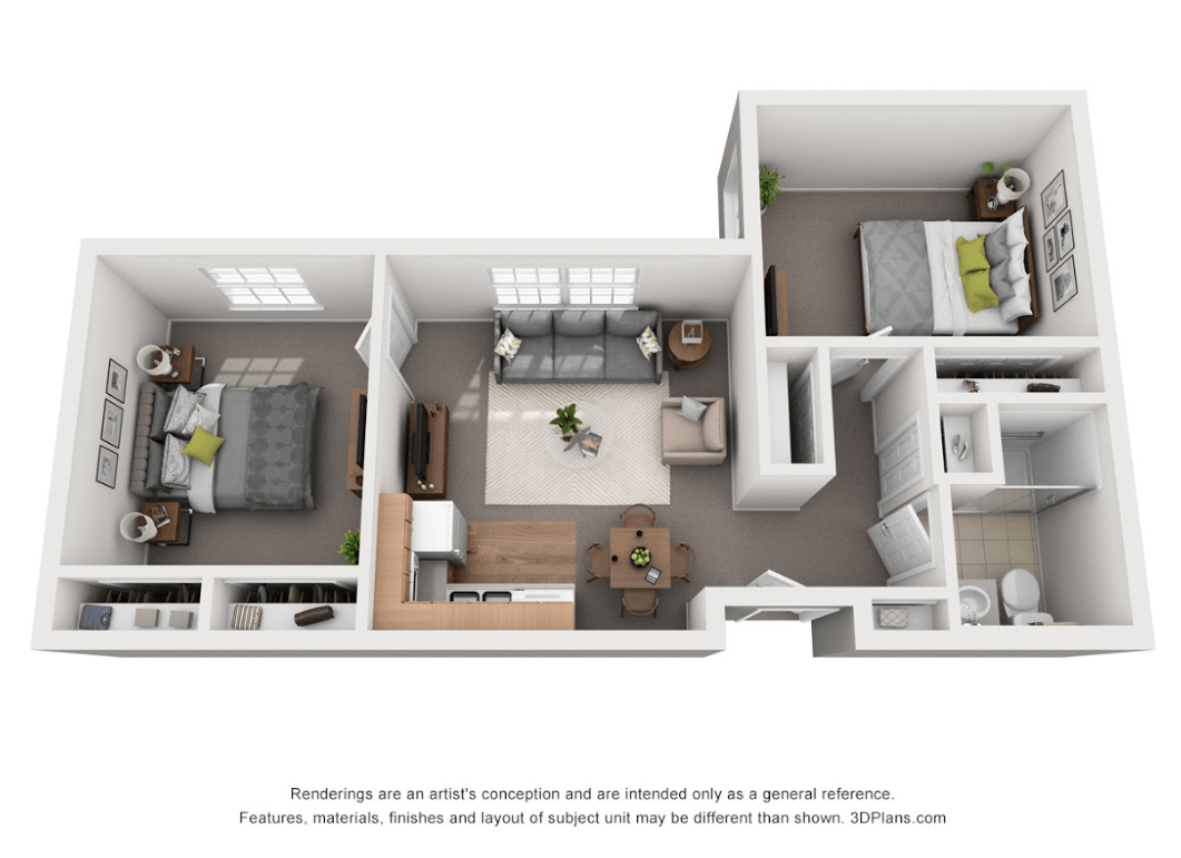 A 3D rendered floor plan of a two-bedroom apartment featuring a living room, kitchen, and bathroom.