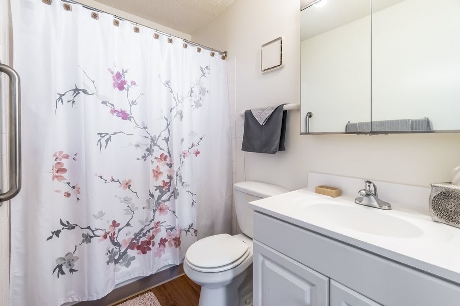 A neat and clean bathroom with a floral shower curtain, white fixtures, and a mirror above the sink.