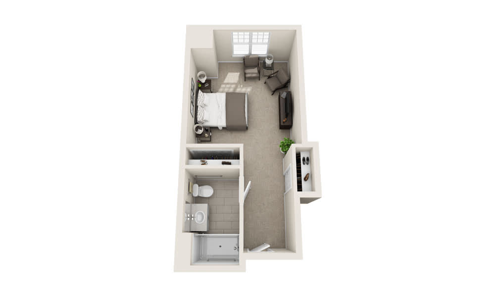 3D floor plan of a compact studio apartment featuring a bedroom, living area, kitchen, and bathroom.
