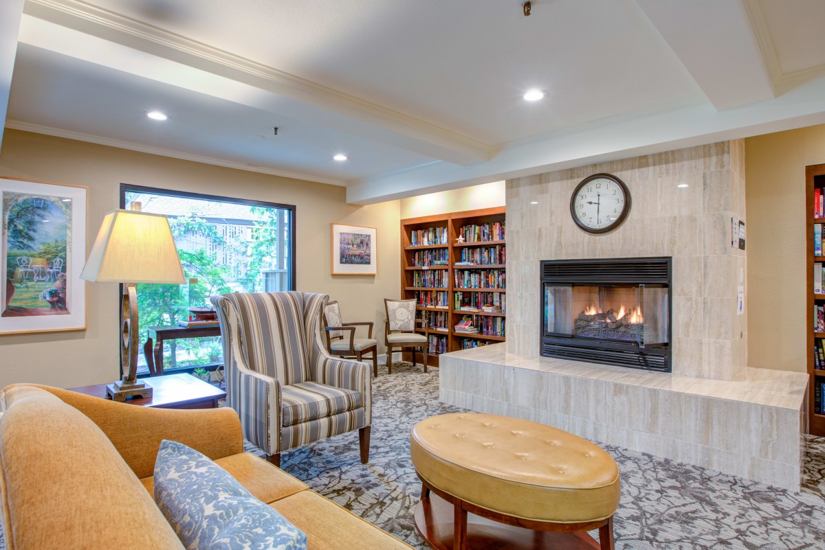A cozy living room with a fireplace, bookshelves, and comfortable seating.