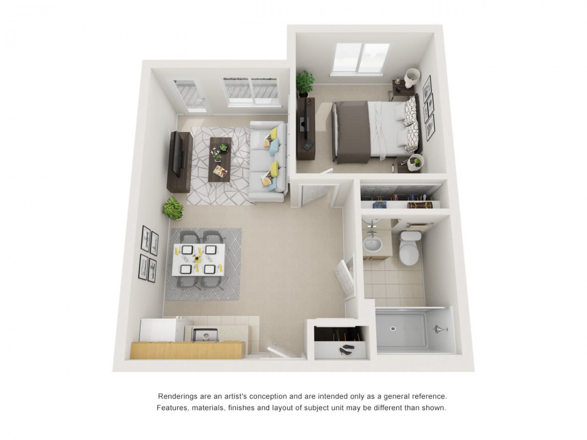 3D floor plan of a one-bedroom apartment with an open living area, kitchen, and bathroom.