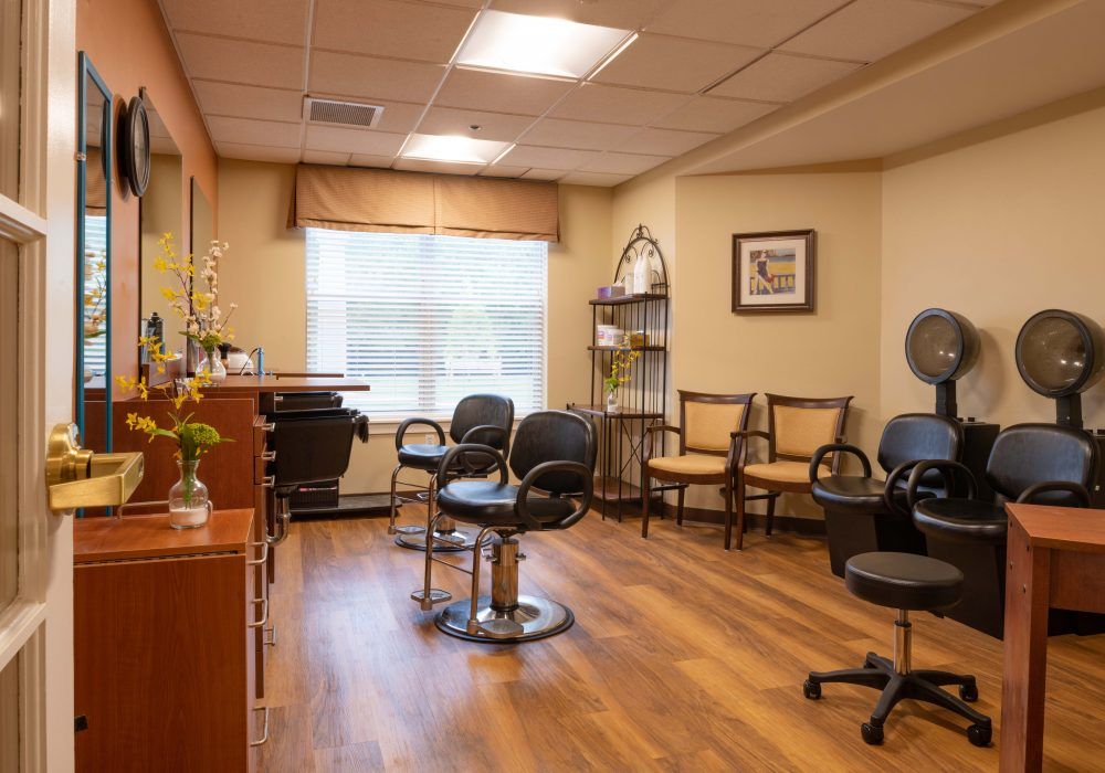 A cozy hair salon with a welcoming waiting area and styling stations.