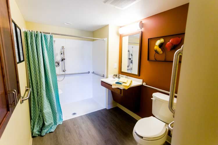 A modern bathroom with a walk-in shower, sink, and toilet.