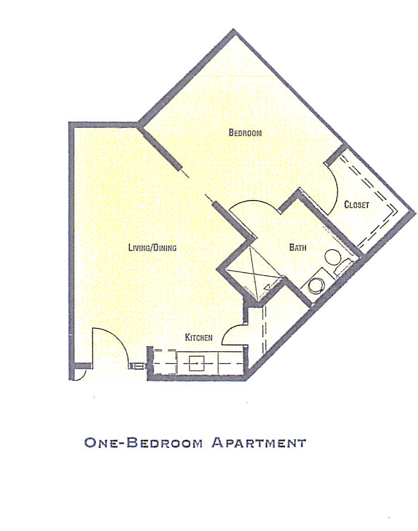 One-bedroom apartment floor plan layout.