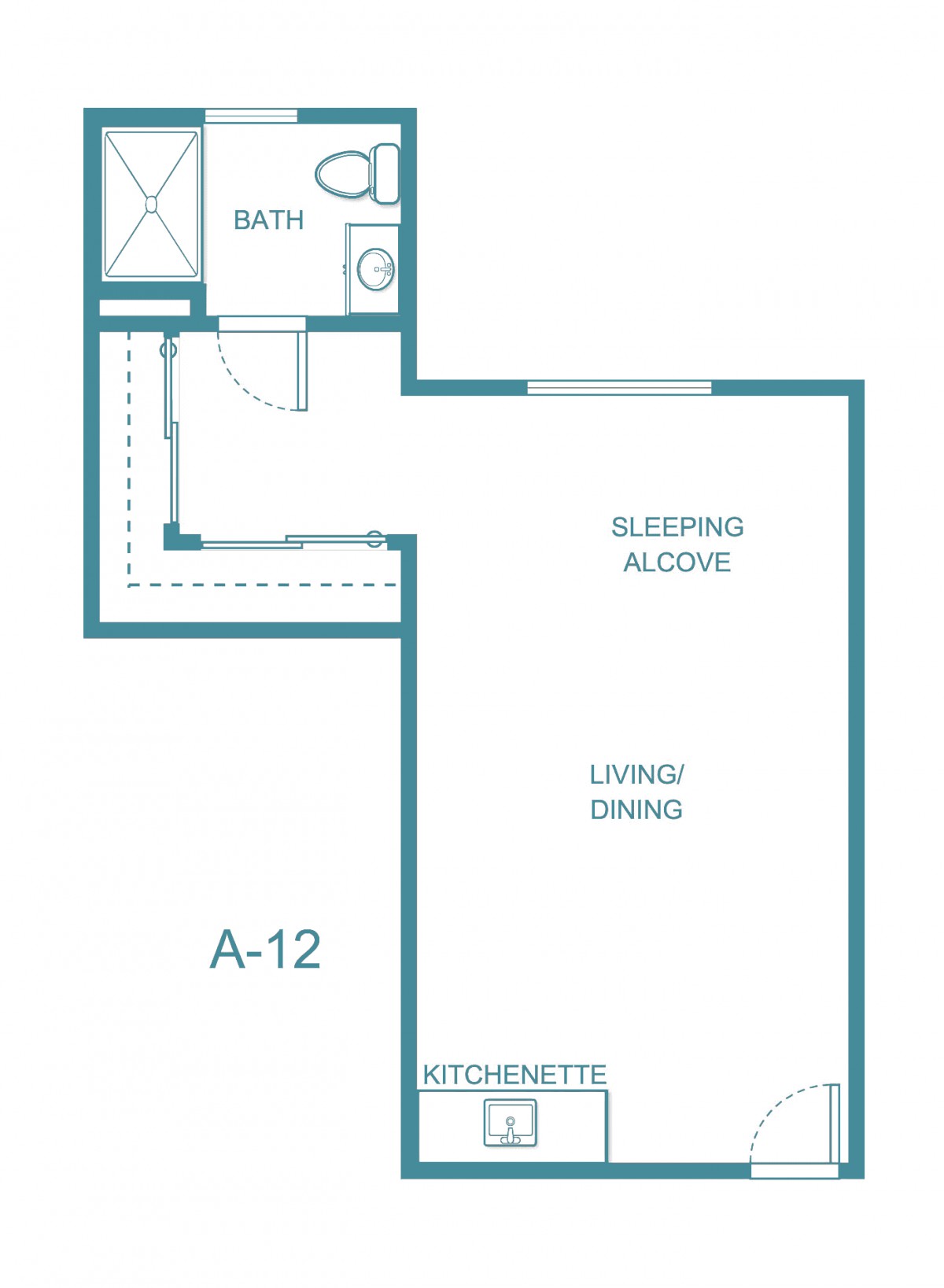 Studio apartment floor plan with a sleeping alcove and living/dining area.
