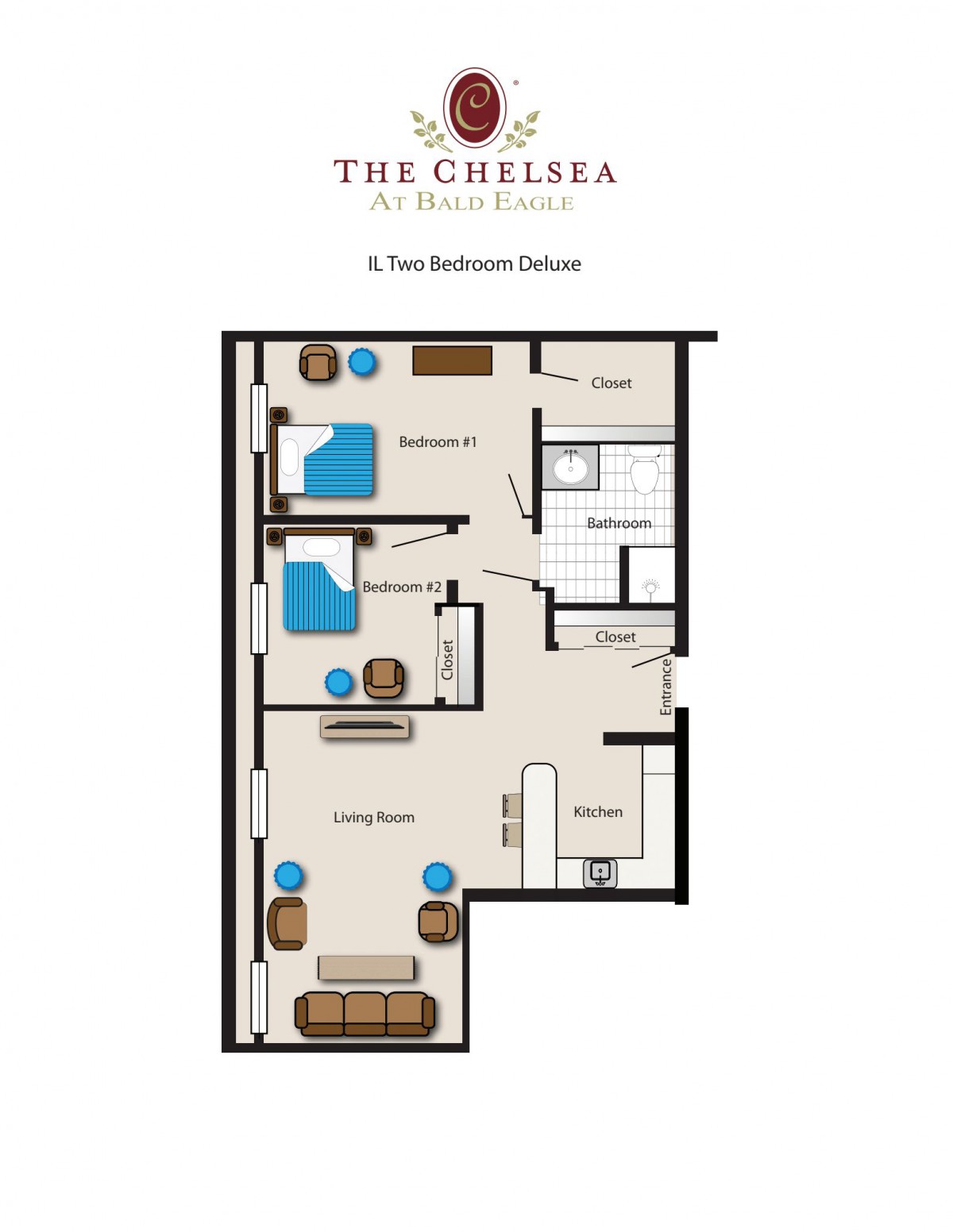 A floor plan layout of a two-bedroom apartment at The Chelsea featuring a living room, kitchen, and bathroom.