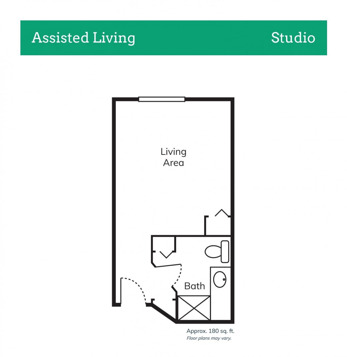 Studio floor plan for assisted living showing a living area with a small bathroom and kitchenette.