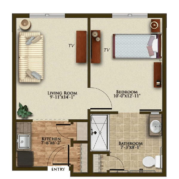 A floor plan of a one-bedroom apartment layout featuring a living area, bedroom, kitchen, and bathroom.