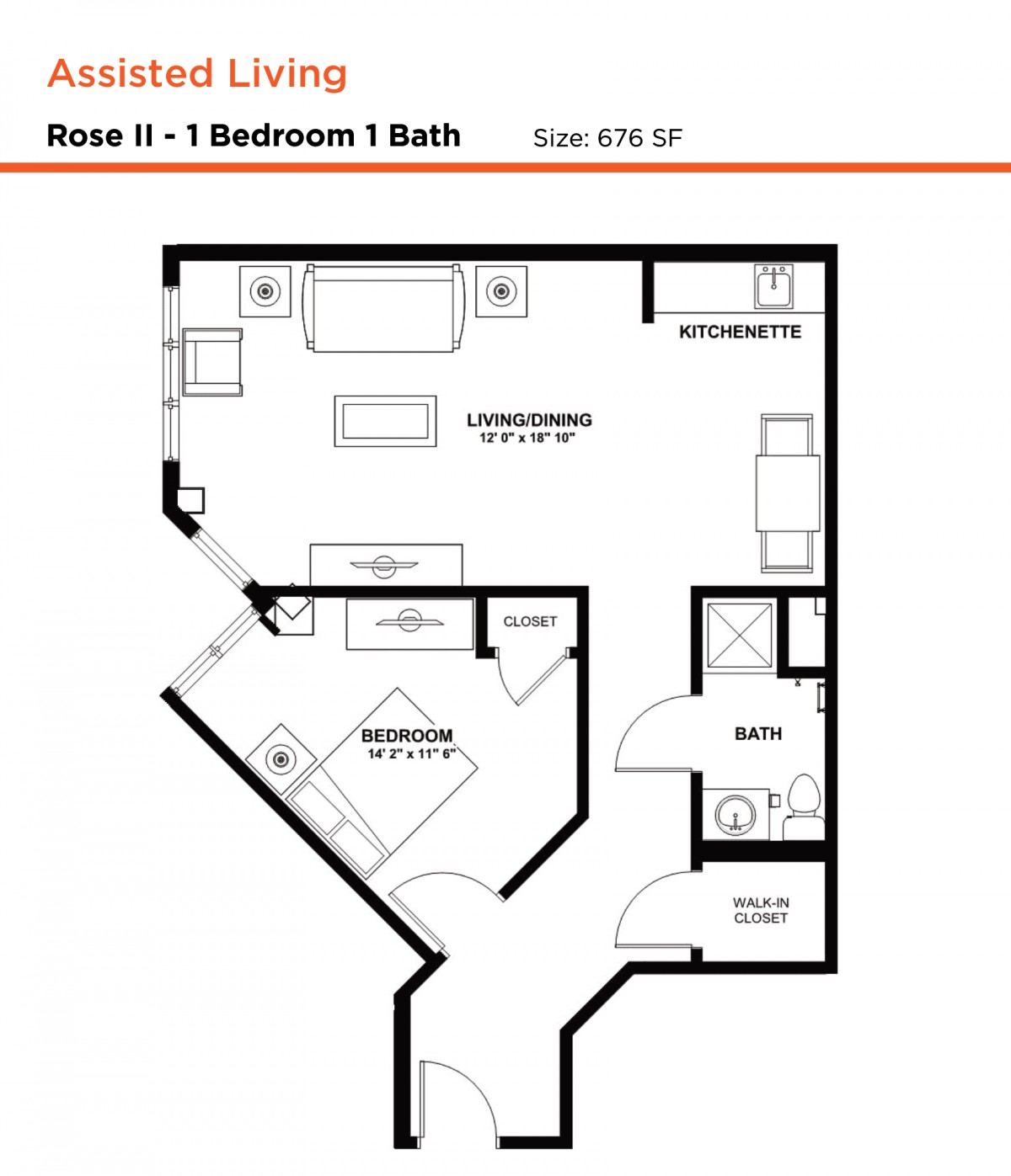 Rose II floor plan featuring a 1-bedroom, 1-bath layout with an area of 676 sq. ft.